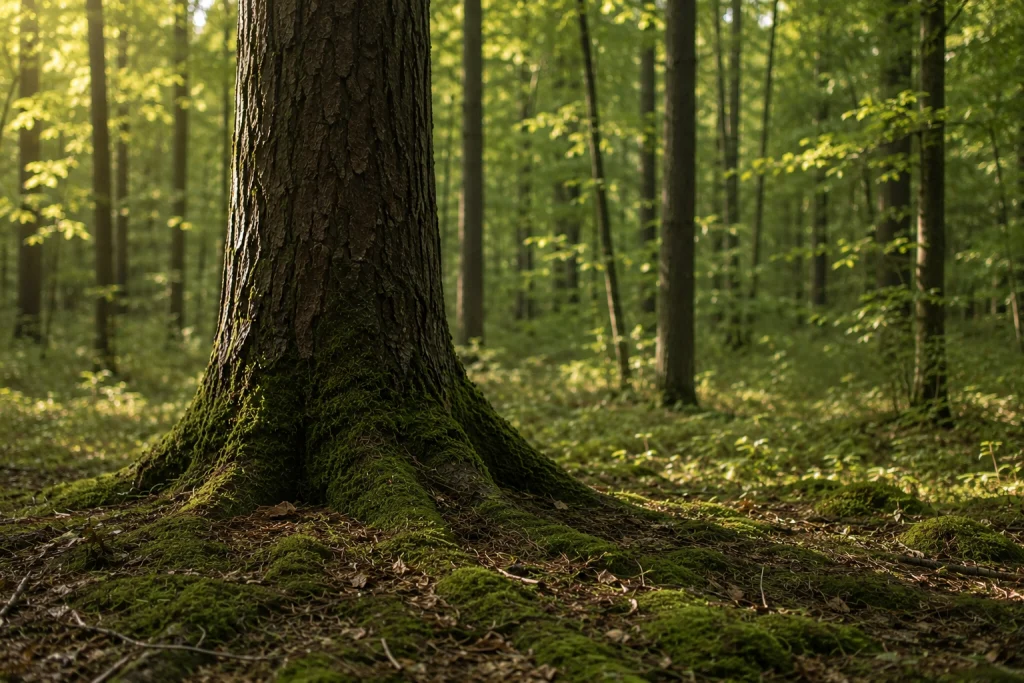 Alter Baum mit bemoosten Wurzeln in einem lichten Laubwald